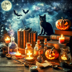 table with magic potions and books illuminated by candlelight and pumpkin masks with attributes, vials, magic talismans and other magical attributes,
