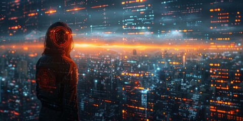 Person in a futuristic jacket overlooking a glowing digital cityscape with holographic data overlays