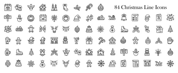 christmas symbols line art themed icon collection, snowman wreath winter snow