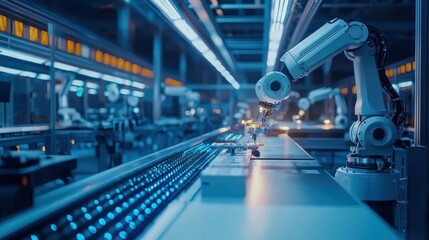 Fototapeta premium An assembly line in a modern manufacturing facility featuring robotic arms efficiently assembling products, showcasing advanced technology and streamlined production processes.