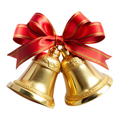 Golden Christmas Bells with Red Velvet Ribbon, isolated on white transparent background, png element. Elegant golden Christmas bells perfect for holiday decorations, festive design