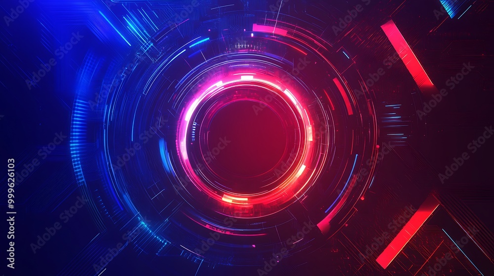 Poster Abstract futuristic background with glowing circular neon lights and digital elements.