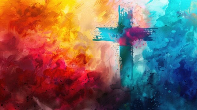 A vibrant illustration of a cross set against a kaleidoscope of colors, perfect for use in various contexts
