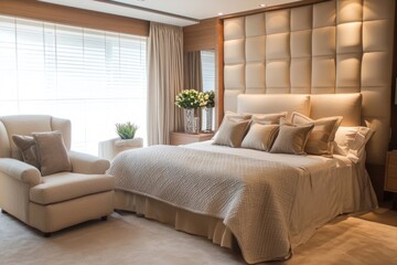 Fototapeta premium Minimalist Chic Bedroom with Neutral Tones and Cozy Armchairs