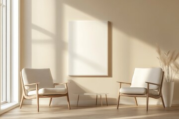 Modern and Minimalist Living Room Interior with Armchairs, Square Poster, and Beige Accents