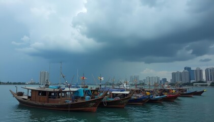 Fototapeta premium A serene harbor under a stormy sky