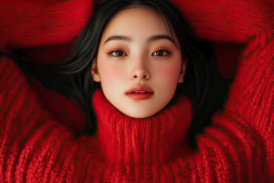 Beauty portrait of young Asian woman in red knit with generative ai
