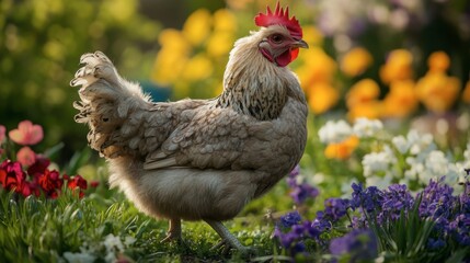 Fototapeta premium A fluffy Frizzle chicken with its unusual, curled feathers, walking through a yard filled with spring flowers.