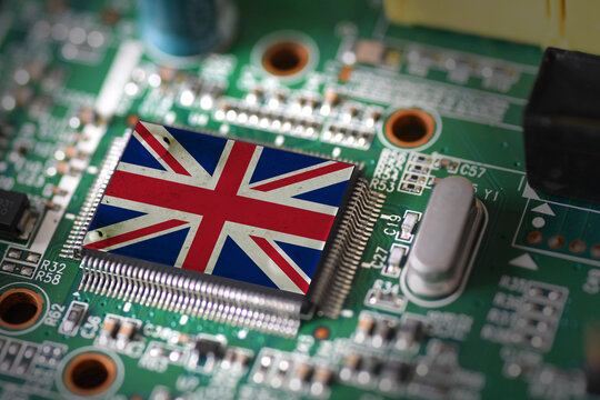 Flag of United Kingdom on a processor, CPU Central processing Unit - Powered by Adobe