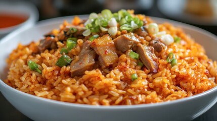 A fusion dish of fried rice with kimchi and pork belly, the tangy kimchi adding a unique flavor to the rice.