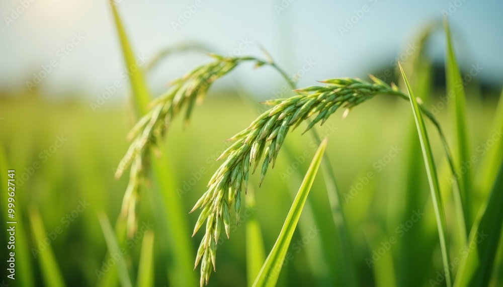 Wall mural  Vibrant green rice plant in a field symbolizing growth and abundance