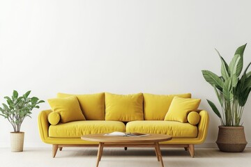 Minimalistic Yellow Living room Interior with Wooden Table and Plant