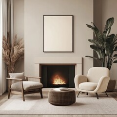 Modern Living Room Interior with Square Poster and Fireplace
