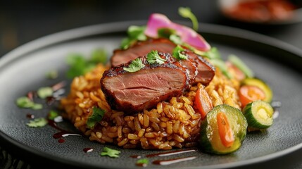 A gourmet fried rice dish with duck breast and hoisin sauce, elegantly plated with a side of pickled vegetables.