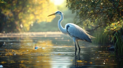 Naklejka premium A graceful heron standing in a shallow river, its long legs and sleek body perfectly adapted for wading in the water.