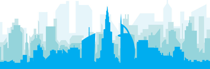 Blue panoramic city skyline poster with bluish misty transparent background buildings of DUBAI, UNITED ARAB EMIRATES