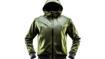 Fototapeta premium Green hooded jacket with zipper closure and multiple pockets on a white background.