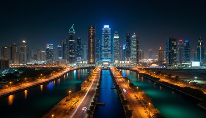 Fototapeta premium Bright Cityscape at Night with River and Bridge