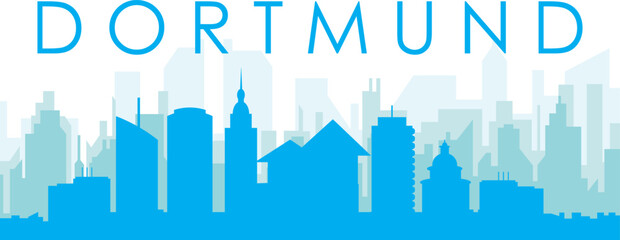 Obraz premium Blue panoramic city skyline poster with bluish misty transparent background buildings of DORTMUND, GERMANY