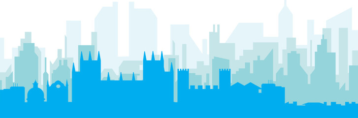 Blue panoramic city skyline poster with bluish misty transparent background buildings of CANTERBURY, UNITED KINGDOM