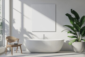 Fototapeta premium Modern Bedroom Interior with Horizontal Canvas and Bathtub Area