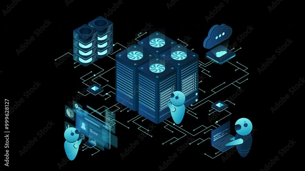 Poster Data center and web hosting isometric concept animation. Cloud computing storage. Isometric server room rack. Transparent background with alpha channel