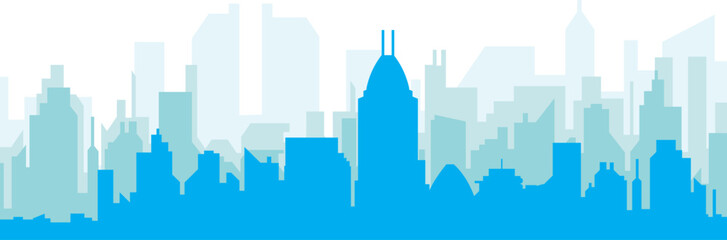Blue panoramic city skyline poster with bluish misty transparent background buildings of INDIANAPOLIS, UNITED STATES