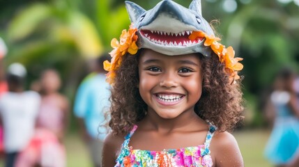 Adorable Fijian Girl Dressed as a Shark at Ocean Themed Party