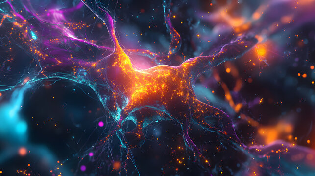 Abstract graphic design with glowing neuron structures intertwined with dynamic brushstrokes of orange, purple, and turquoise, creating a visually stimulating fusion of science and art.