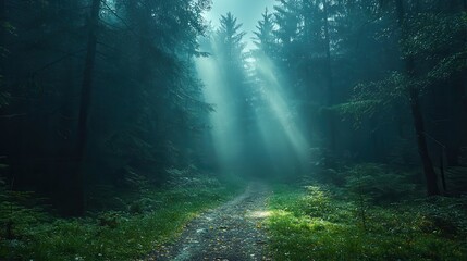 Obraz premium Sunlight Beams Through Dense Forest Fog