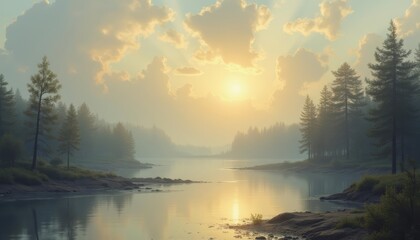 Fototapeta premium Tranquil lakeside sunrise in a serene forest