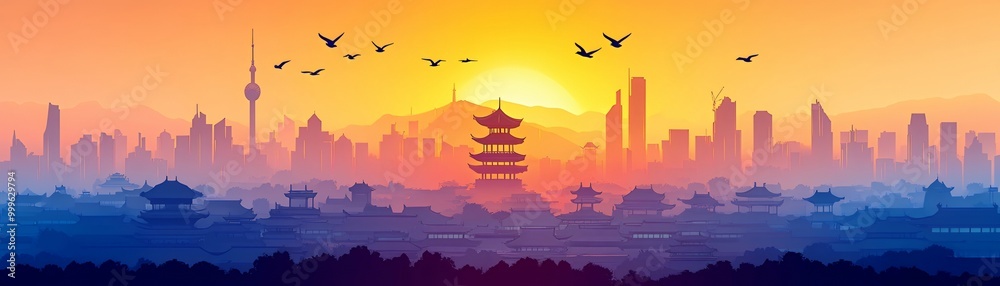 Canvas Prints Silhouette of a city skyline at sunset with birds flying overhead.