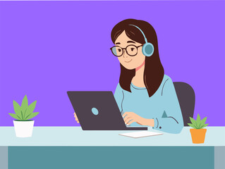 Work from home vector flat style illustration. Remote career concept. Home office setup with a young woman freelancer using a laptop or computer