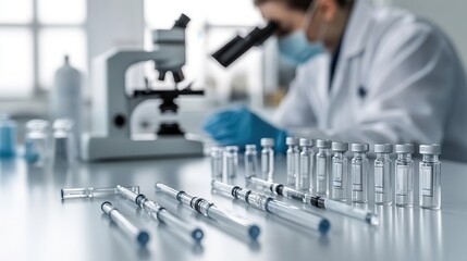 Scientist working in a laboratory, examining samples with a microscope, surrounded by vials and syringes on a clean workspace.