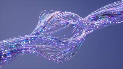 Data transfer at light speed through vibrant purple fiber optic cables symbolizes technology and...