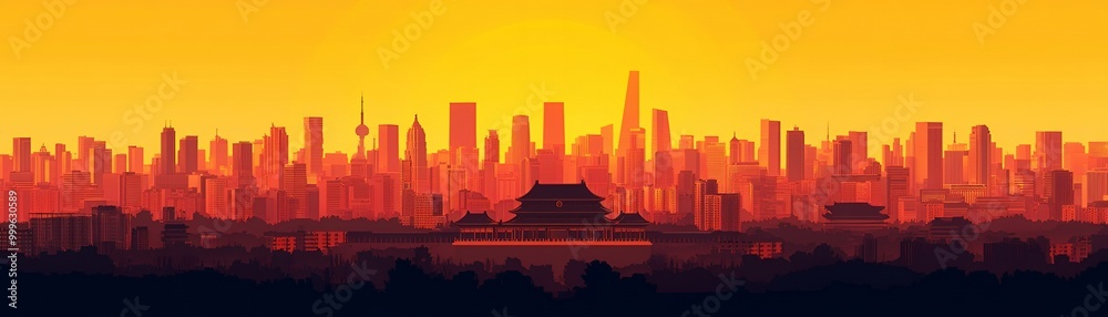 Wall mural Silhouette of a modern city skyline at sunset.