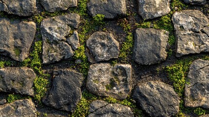 An irregular cobblestone texture featuring moss in the cracks, exuding old-world charm and rustic appeal, perfect for backgrounds and vintage design