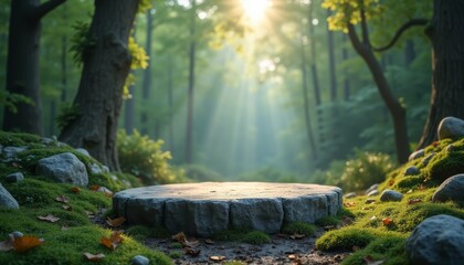  Enchanted forest clearing with sunlight streaming through