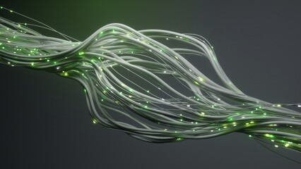 Fiber optic cables in 3d rendering, emitting a green glow as data flows through them against a dark...