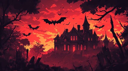 Silhouette of castle against a dark, moonlit sky, with a gothic cathedral and towering architecture casting long shadows in the Halloween night scene