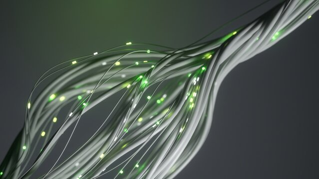 3d rendering of white glowing cables creating a complex network against a dark gray backdrop, symbolizing technology, communication, and data exchange