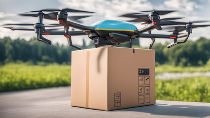 AI controlled drone Transporting parcel boxes by air, precision in urban areas, agricultur. Generative Ai.