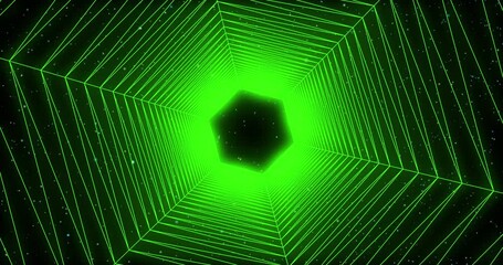 Glowing hexagonal tunnel in dark space with stars. Slow Rotation, bright neon light. Backdrop for start, night club, sci-fi space and science themes. - Powered by Adobe