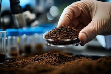  Hand in gloves holding soil sample in a petri dish during a scientific lab experiment, emphasizing research and analysis in environmental science.