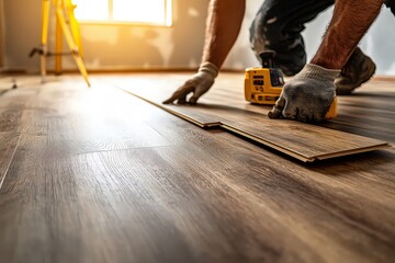  Worker fitting floorboards during flooring installation in a sunlit room, emphasizing teamwork, precision, and professional skill in home construction.