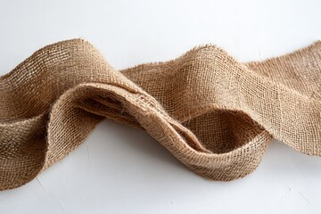  Wavy burlap fabric with coarse texture stretched across white background, representing natural, eco-friendly materials often used in industrial and craft projects.