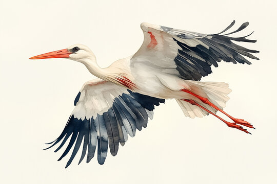 Une cigogne blanche majestueuse, avec son bec noir et ses ailes d&eacute;ploy&eacute;es, s'envole dans le ciel rouge du cr&eacute;puscule, survolant un jardin zoologique o&ugrave; la faune s'&eacute;veille &agrave; la naissance.