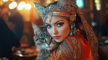 Playful Uzbek Girl Dressed as a Cat at Indoor Party Delighting Guests with Cuteness and Charm