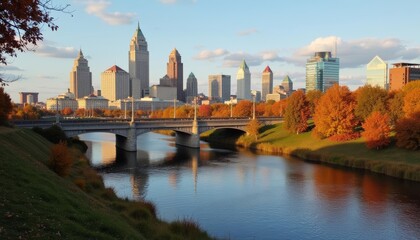 Naklejka premium Vibrant Autumn Cityscape with River and Bridge