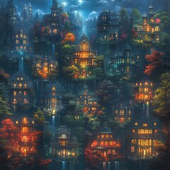 Obraz premium Enchanted Village with Glowing Houses at Night